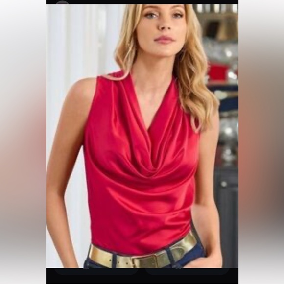 Boston Proper red XS y2K satin cowl neck Lorelei blouse quiet luxury Officecore - Picture 1 of 5